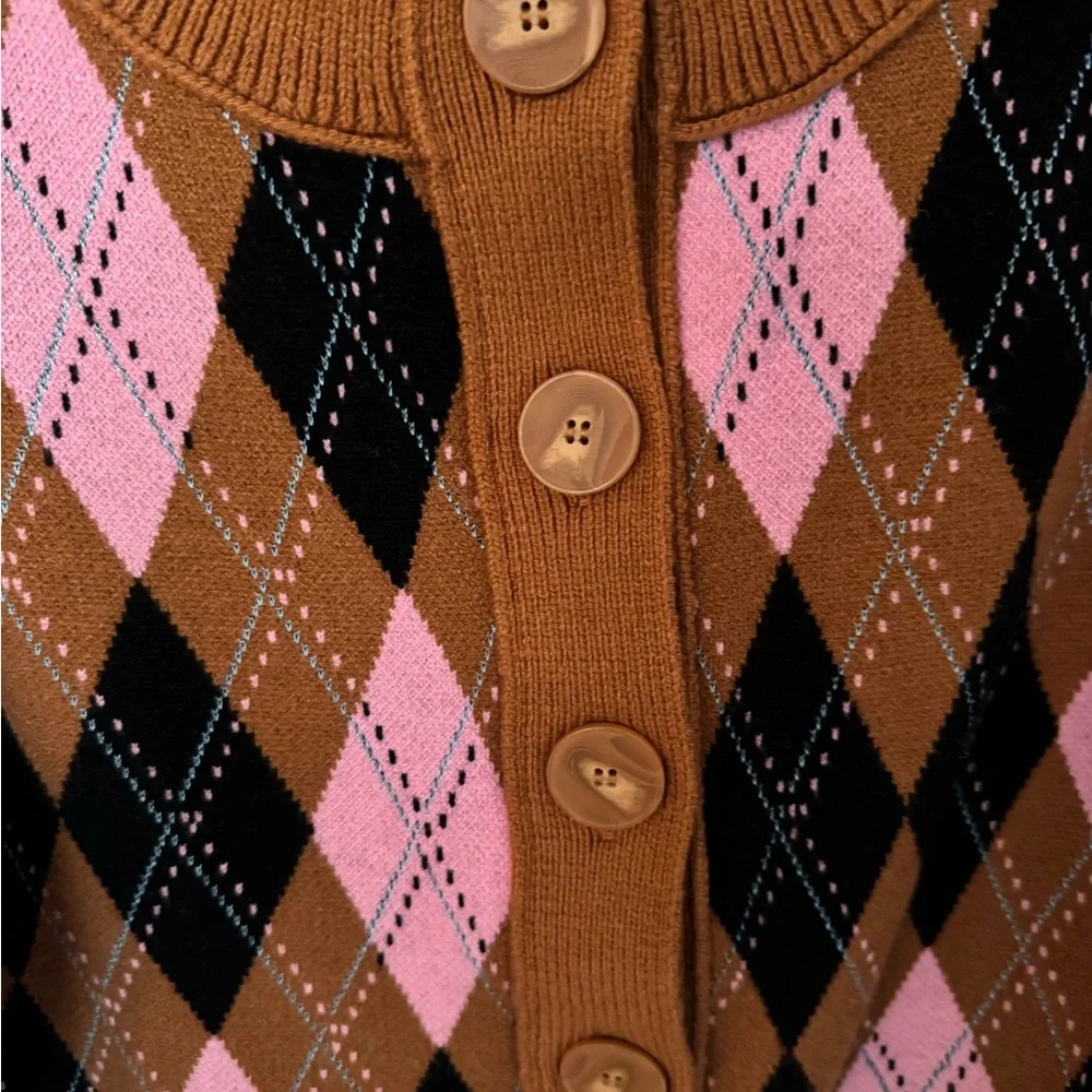 Anthropologie Argyle Button-Up Sweater - Pink, Brown, Black - Picture 2 of 4